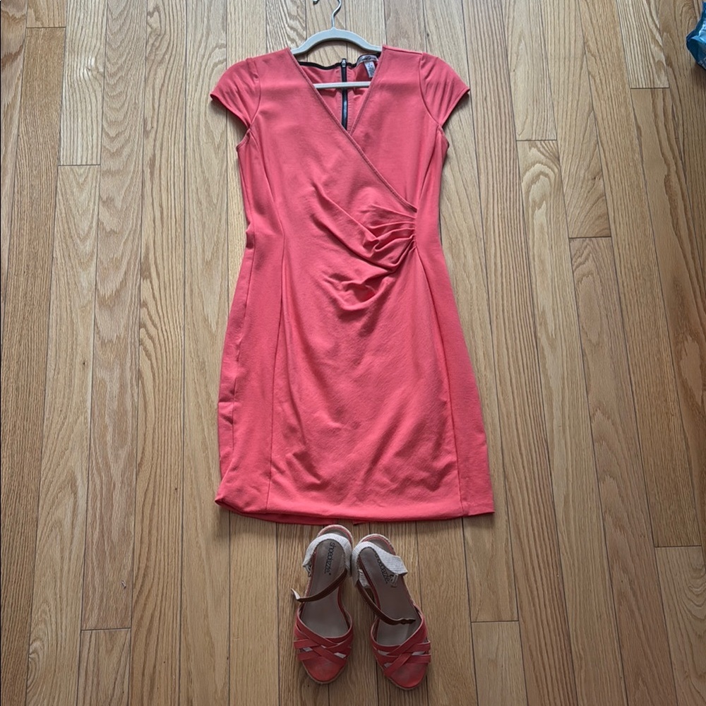 Kenneth Cole New York Orange Pink Ruched Wrap Mini Dress